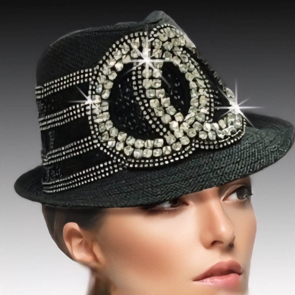 Beloved Millinery Chic Black Short Brim Fedora Panama Rhinestone Embellished Hat